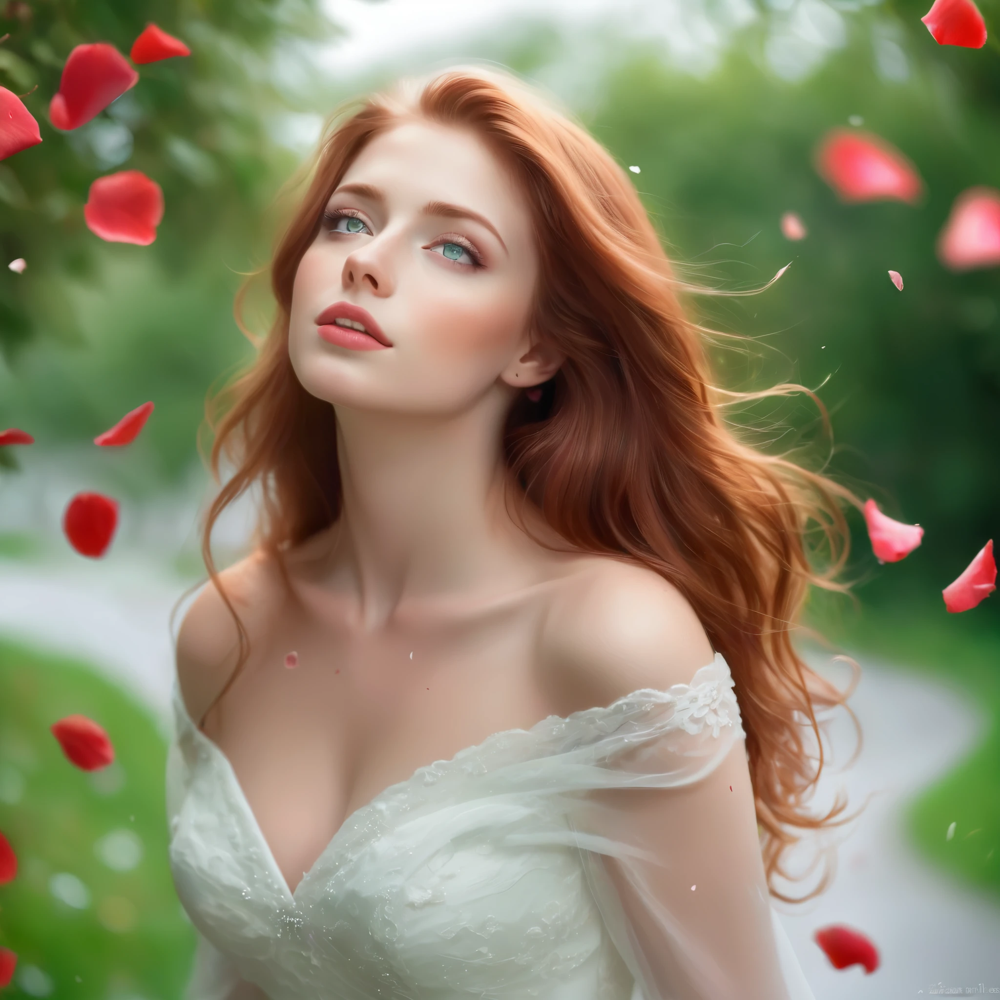 (best quality, realistic, ultra-detailed), a beautiful woman looking up, hair blowing in the wind, and red rose petals falling. perfect makeup, detailed eyes, and lips, long flowing red hair and green eyes, graceful pose, vibrant colors, soft lighting, romantic atmosphere, elegant and confident expression, delicate features, flowing dress, natural surroundings, dreamy ambiance. canon eos r3, 20 megapixels