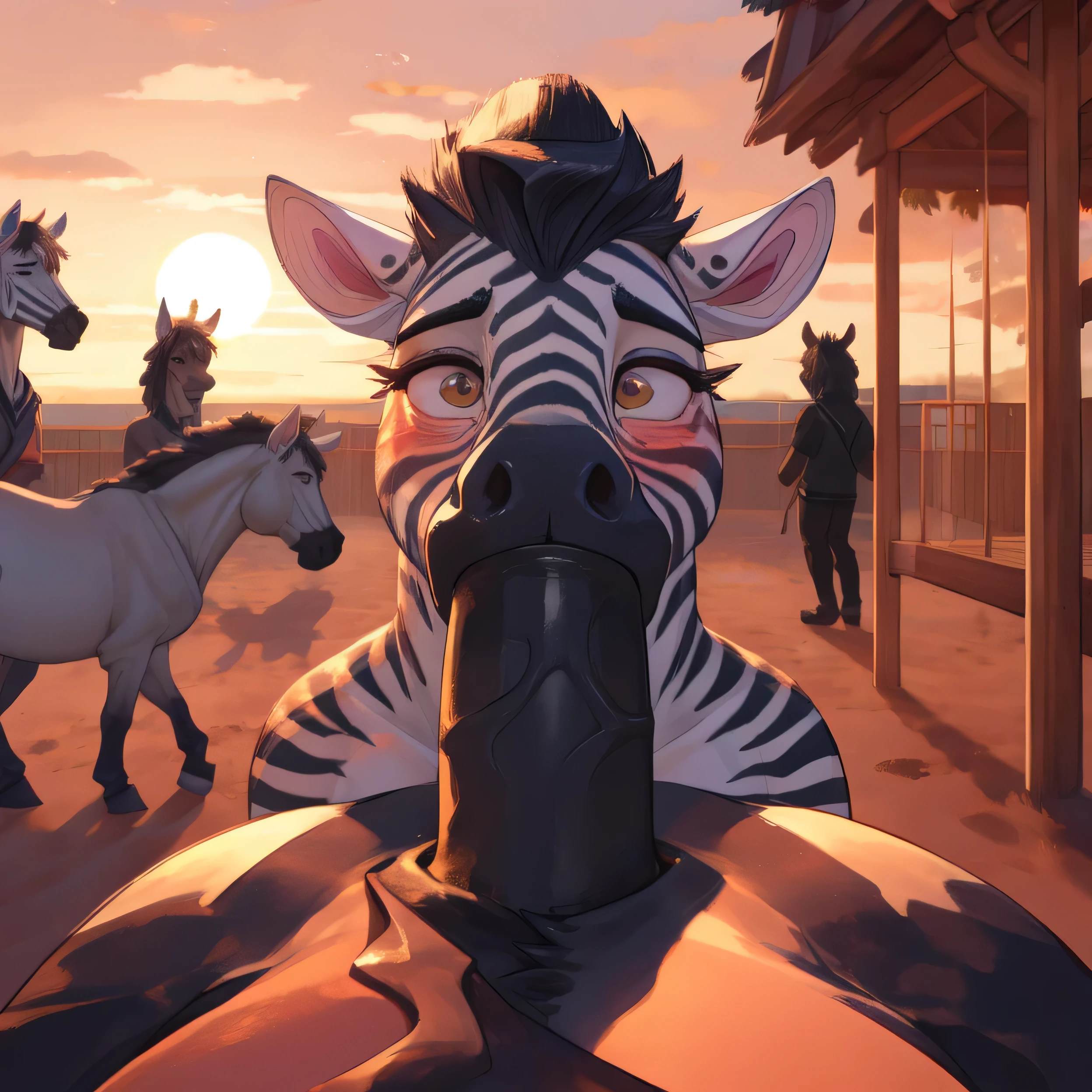 Zebras are walking around in a desert with a man in a zebra mask - SeaArt AI