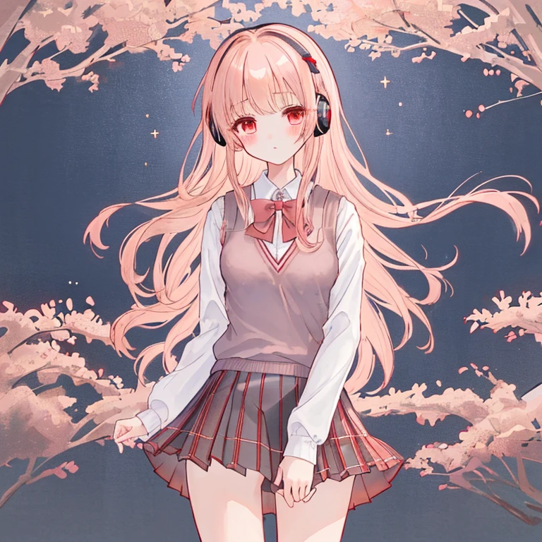 (8k、highest quality、masterpiece:1.2)、Illustration touch、Ultra-detailed、Super A High Resolution、Sunny day in the park、Light pink hair、long hair、Headphones、One woman in uniform、clear、High 、White long sleeve blouseとnavy blue sweater vest、White long sleeve blouse、Red bow tie、The blouse is all buttoned、navy blue sweater vest、red and black plaid skirt、赤黒チェックmini skirt、mini skirt、White Pantyhose、Delicate limbs、Inner thighs、Grab the hem of your skirt、Skirts that turn over in strong winds、White panties、(School uniform:1.4)、Blushing、Embarrassed