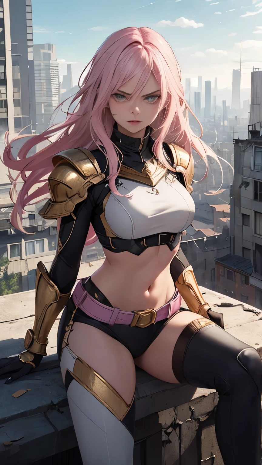 (Highly quality, masterpiece, detailed), Destroyed city detailed scenario, destroyed city detailed background, 20 years old girl, solo, angry, hero suit, straight hair, white and pink hair, Gold belt, gold wristband, Gold Shoulder pad, gold breast plates, 1girl, pink wings, sitting on top of a building, crop top, Abdomen, Navel, beautiful eyes, perfect eyes, looking at the viewer, Sexy pose