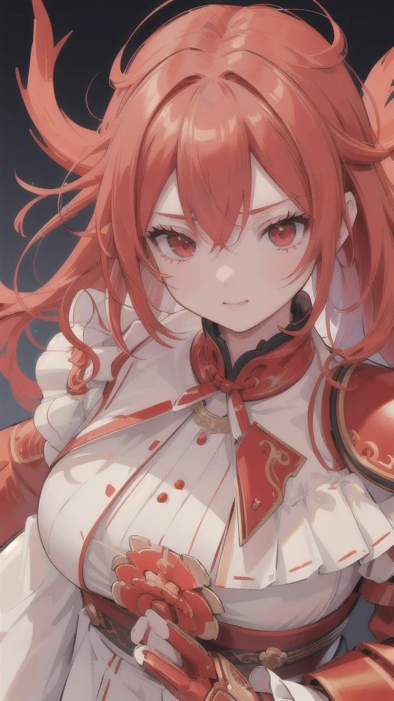 A highly detailed and vibrant red porcelain doll, striking red eyes, wearing a red and black hanfu armor, red gloves, a fighting rooster, glowing fiery armor, (best quality,4k,8k,highres,masterpiece:1.2),ultra-detailed,(realistic,photorealistic,photo-realistic:1.37),vivid colors,dramatic lighting