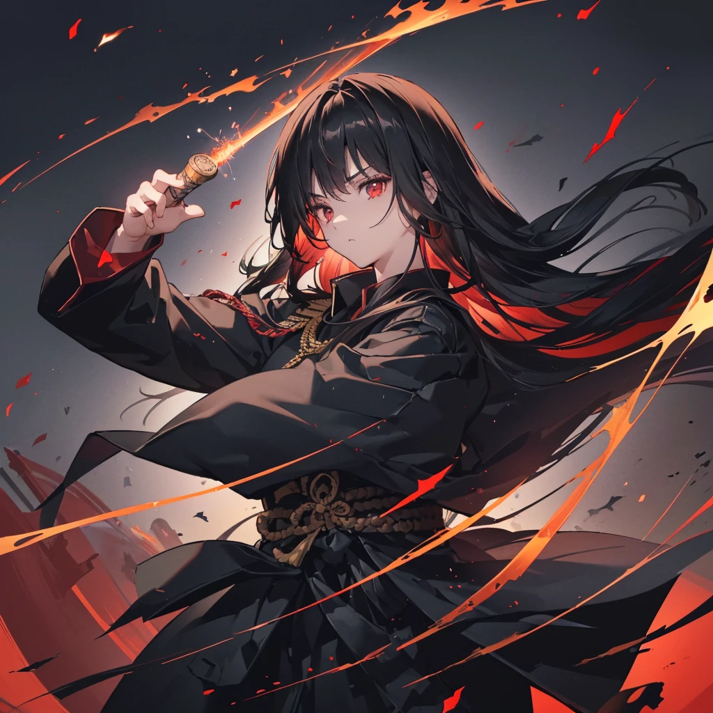 ((blackい髪　Long Hair　black　Military commander　one person　Lonely　Red Flag　Eye patch))　((night　Japanese style　old　Shining Aura))　(Dance　Flame Blade　Shining Japan sword　Draw your sword　Grasp the sword)　moon　star　Draw your sword　Slashing　Catch the wind　print　Tense face