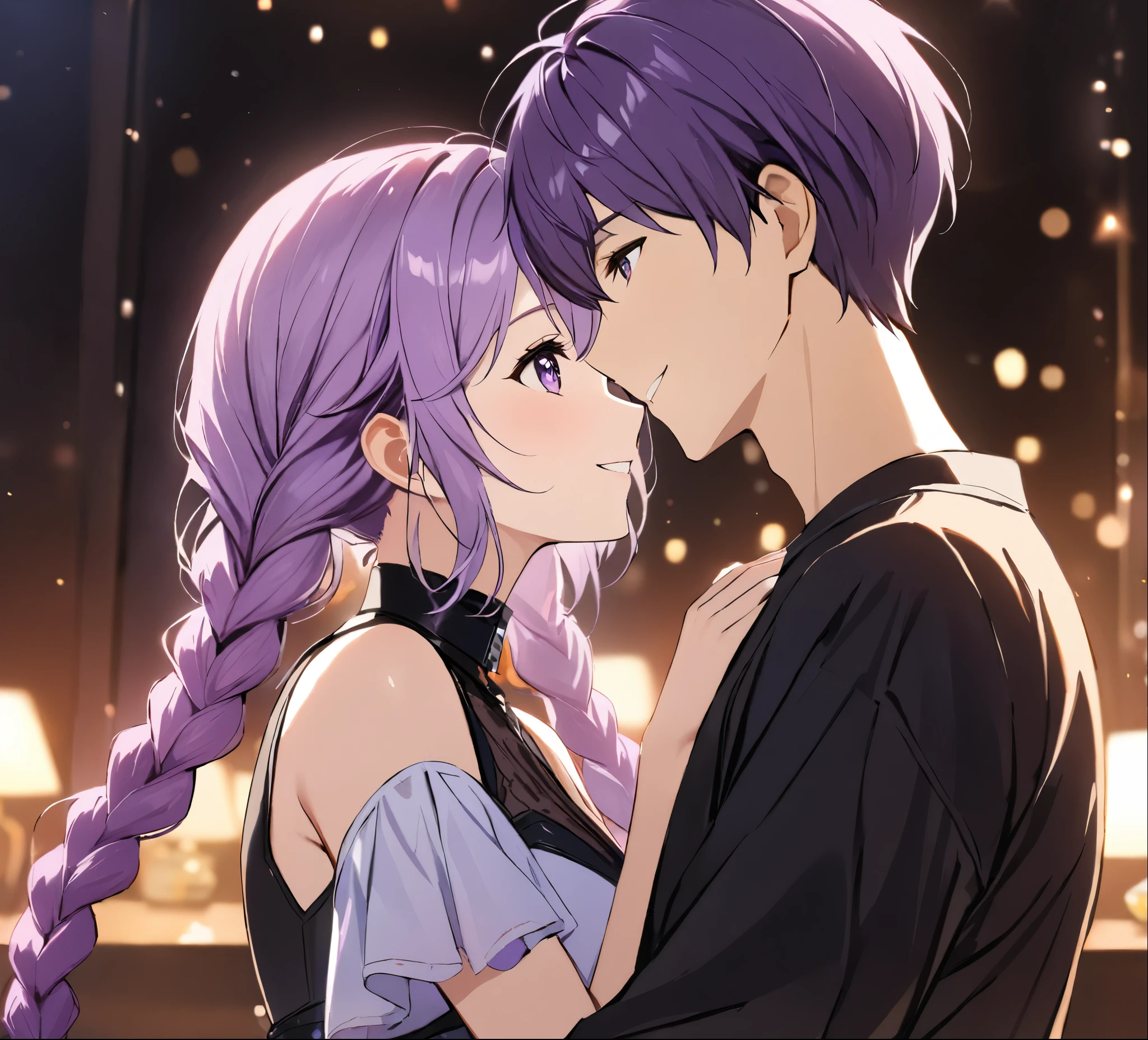 1 boy,A girl with purple and white gradient double braids,romantic couple,smiling faces facing each other,close intimacy,background blurred,high quality,artistic feel,movie-like atmosphere,luxurious lighting