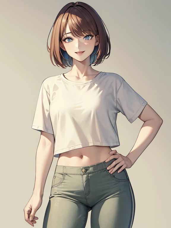 masterpiece, highest quality, High resolution,alone,Multiple hair colors,artistic,Best lighting,casual,Flat Chest,Beautiful Face,expensive,smile,light makeup,Age 25,Calm woman,Detailed Hair,Laughing woman,amount,short hair,Woman in sportswear,Line art,Watercolor,Colored pencil,Pants Style,whole body,Lean on