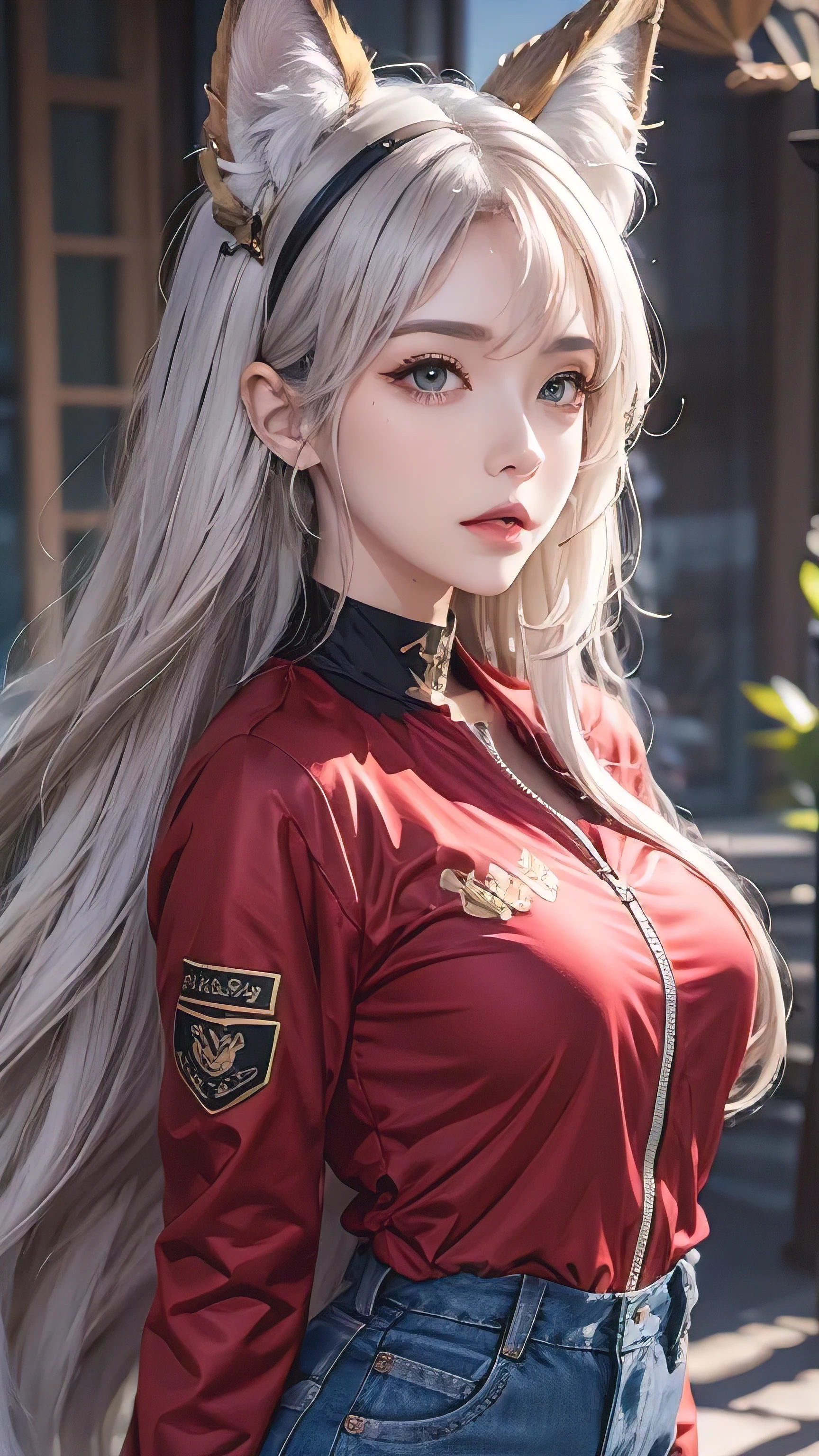 Reality, high resolution, 1 female, Hip lift, beautiful eyes, long hair, eye socket, Jewelry, Tattoo, Infection monitors (Ark of Tomorrow), Angelina (Ark of Tomorrow), blush, Double tail, Headband, Animal ears, red Headband, Shut up, Fox ears, Bangs, red Jacket, black shirt, shirt, Orange eyes, Jacket, Rear view