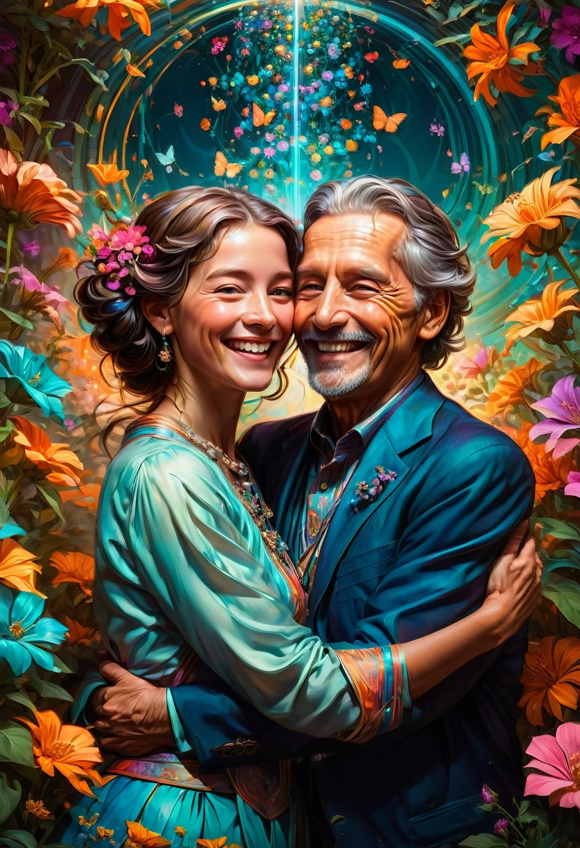 Foto de pareja, estético, Alegres y adorables ancianos sonrientes riendo y abrazándose difundiendo alegría: colores vibrantes: rodeado de flores: detalles intrincados, retrato de cabeza y hombros, Retrato de arte conceptual con resolución de 8k por Greg Rutkowski, germen de arte, ¡vaya!, Alphonse Mucha iluminación dinámica hiperdetallada intrincadamente detallada Arte Splash tendencia en colores triádicos de Artstation Unreal Engine 5 iluminación volumétrica