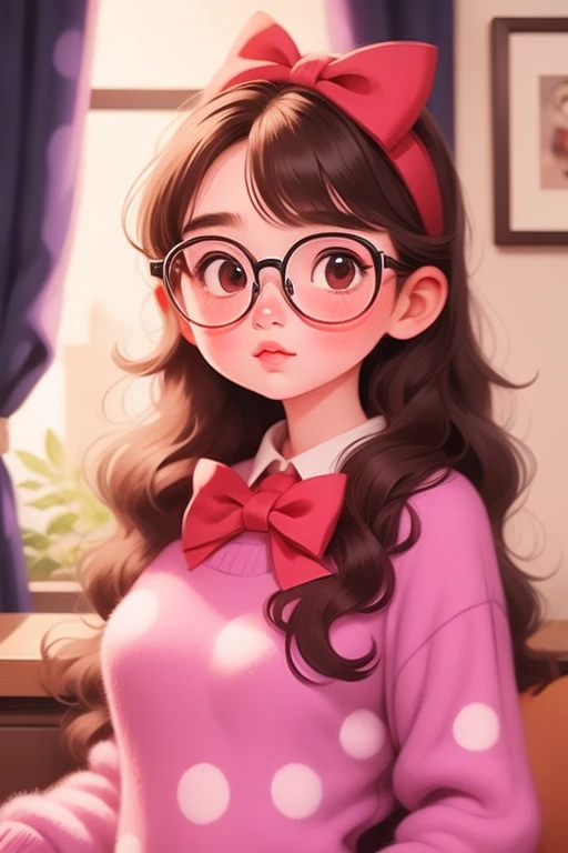 (masterpiece, highest quality), 1 girl，Maria, 10 year old girl, Black Hair, bangs, Bow and Bow, Long Hair, Straight hair, bangs, iris, Wearing glasses, cute，Very large breasts:1.5，Ask questions in the classroom，Curious，Jojo Fashion，