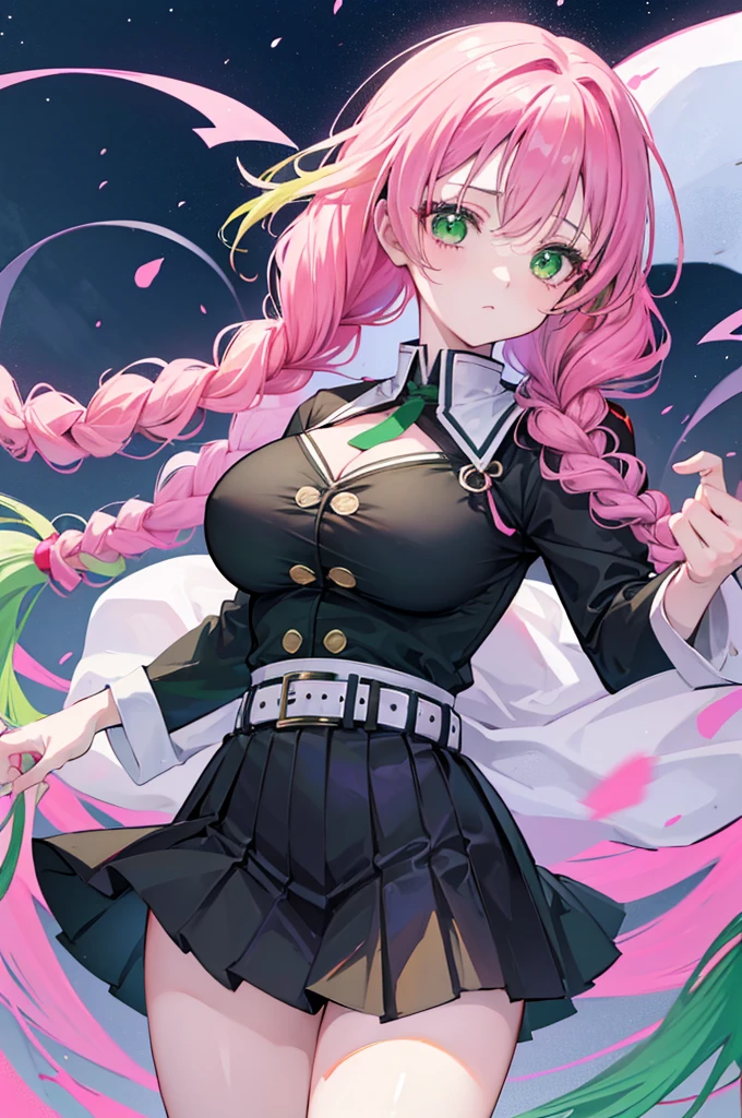 (mature woman), kanroji mitsuri, mitsuri kanroji, mitsuri (anime: demon slayer), female character kanroji mitsuri, long braided hair, long hair, long gradient hair pink to green, multicolored hair pink to green, pink hair, twin braids, two-tone hair, braid, gradient hair (pink to green), hair pink to green, gradient hair, perfect green eyes, green eyes, beautiful eyes, wearing(belt, black skirt, demon slayer uniform, haori), belt, black skirt, demon slayer uniform, haori, cleavage, big breasts, coat, japanese clothes, long sleeves, miniskirt, partially unbuttoned, pleated skirt, uniform, blouse, female figure, perfect figure, 8k image, perfect image, masterpiece, extremely detailed, best quality, 