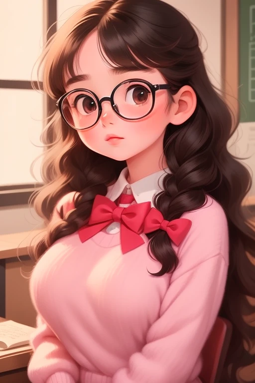 (masterpiece, highest quality), 1 girl，Maria, 10 year old girl, Black Hair, bangs, Bow and Bow, Long Hair, Straight hair, bangs, iris, Wearing glasses, cute，Very large breasts:1.5，Ask questions in the classroom，Curious，Jojo Fashion，