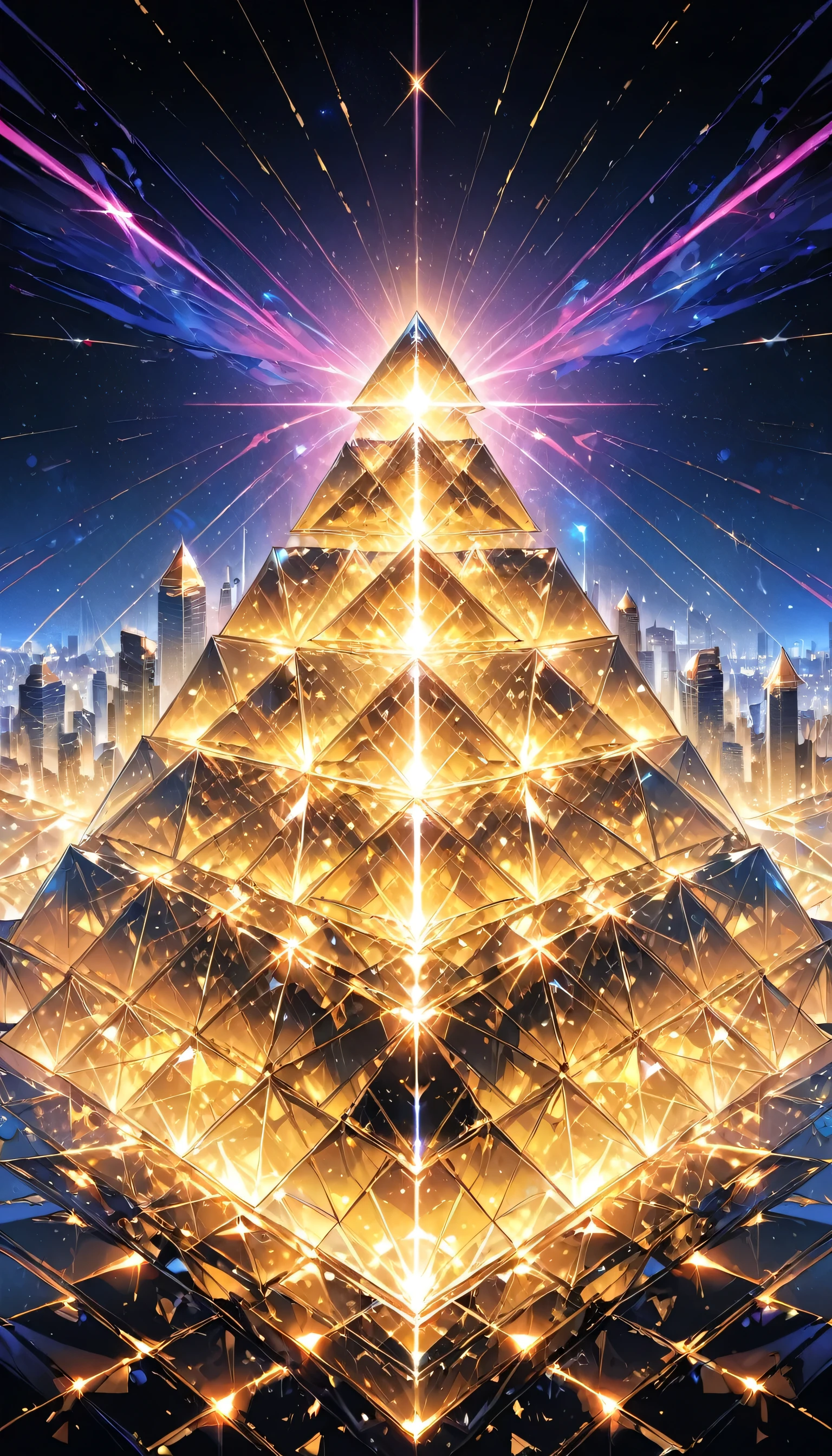 Futuristic background of golden glass pyramid with shining laser beams、It leads to a surreal science city with huge skyscrapers.。. The background resolution is 4k、The aspect ratio is 16。:9.Golden Pyramid, masterpiece, Anatomically correct, Super detailed, high quality, 最high quality, 8k, 16k, Attention to detail