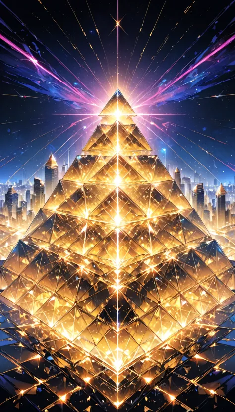 futuristic background of golden glass pyramid with shining laser beams、it leads to a surreal science city with huge skyscrapers....