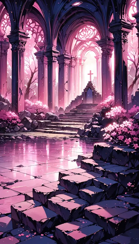 amazing pink tree on the rocks on the beach, a realistic depiction style of light, aisle, art inspired by faith, ruins, light-fi...