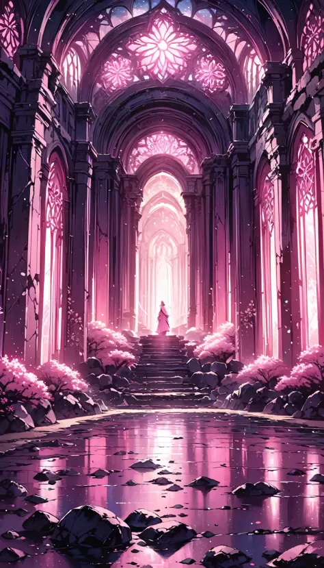 amazing pink tree on the rocks on the beach, a realistic depiction style of light, aisle, art inspired by faith, ruins, light-fi...