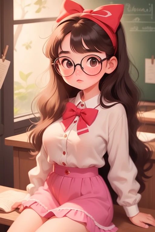 (masterpiece, highest quality), 1 girl，Maria, 10 year old girl, Black Hair, bangs, Bow and Bow, Long Hair, Straight hair, bangs, iris, Wearing glasses, cute，Thin thighs，Very large breasts:1.5，Ask questions in the classroom，Curious，Jojo Fashion，