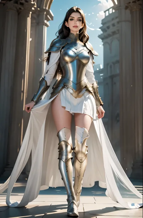 ((anne hathaway)), ((anne hathaway in ornate white heavy armor)), award winning concept art of tall (1girl) in delicate intricat...