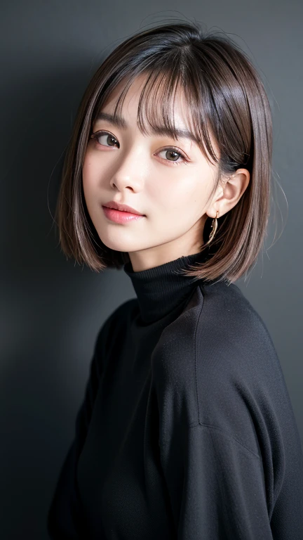 (((Close-up of face)))、(((Absolutely shoulder-length brown straight short bob)))、(((She is posing like a hair salon model, with a black wall indoors as the background.)))、(((Casual black winter long sleeves with shoulders covered)))、Half Japanese, half Korean、18 year old girl、Standing Alone、Looking forward、Light eye makeup、Brown Hair Color、Flat and 、Hair blowing in the wind、Actress Quality、Glossy, ultra-realistic face、Smiling face、Watery eyes、Gazing Up、Subtle lighting effects、 Ultra-Realistic Capture、Very detailed、High resolution 16K close up of human skin。Skin texture must be natural、The details must be such that pores can be clearly seen、The skin is healthy、Uniform tone、Use natural light and colors、A worn-out, high-quality photo taken by a model agency&#39;s in-house photographer.、smile、(((SIGMA 300 mm F/1.4,1/1000 sec shutter,ISO 400))) 