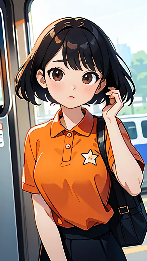Realistic photos (1 cute Korean star) Reverse hair, light makeup, The chest size is medium, Orange polo shirt, At the train stat...