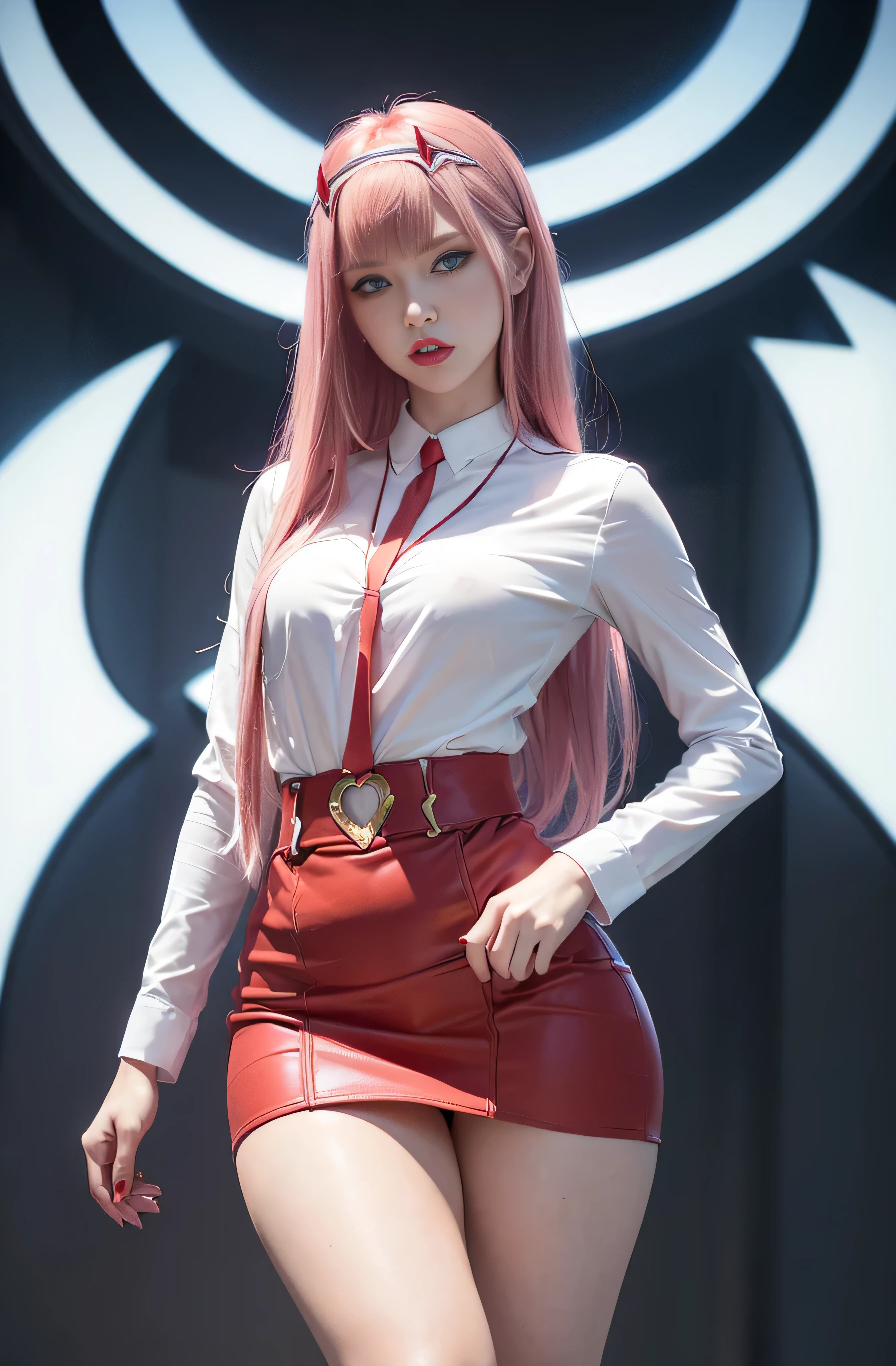 (Best quality, masterpiece: 1.1), (fidelity: 1.4), 1 girl, ((Zero Two/Darling in the Franxx)), upper body, very long hair, study, very young girl, slave, ((Shirt)), ((miniskirt)), slave necklace, high heels, ((very small breasts)), extremely beautiful woman, ((ultra detailed and toned legs)), ((very wide hips)), ((very thick and toned thighs)), (sexy), ((extreme hourglass figure)), ((very thick heart lips)), ((very small and thick lips)), ((red lipstick)), ((blue eyes)), ((angry look)), (blush), (makeup), miniskirt, high heels, ((she is angry)), ((she used a Shirt and miniskirt))