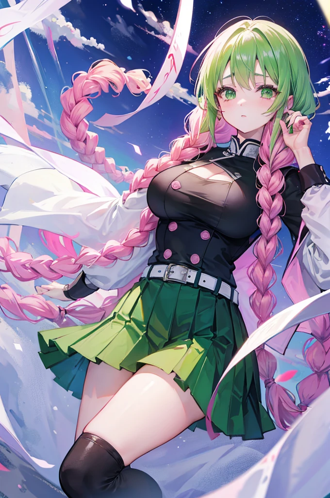 (mature woman), kanroji mitsuri, mitsuri kanroji, mitsuri (anime: demon slayer), female character kanroji mitsuri, long braided hair, long hair, long gradient hair pink to green, multicolored hair pink to green, pink hair, twin braids, two-tone hair, braid, gradient hair (pink to green), hair pink to green, gradient hair, perfect green eyes, green eyes, beautiful eyes, wearing(belt, black skirt, demon slayer uniform, haori), belt, black skirt, demon slayer uniform, haori, cleavage, big breasts, coat, japanese clothes, long sleeves, miniskirt, partially unbuttoned, pleated skirt, uniform, blouse, female figure, perfect figure, 8k image, perfect image, masterpiece, extremely detailed, best quality, 