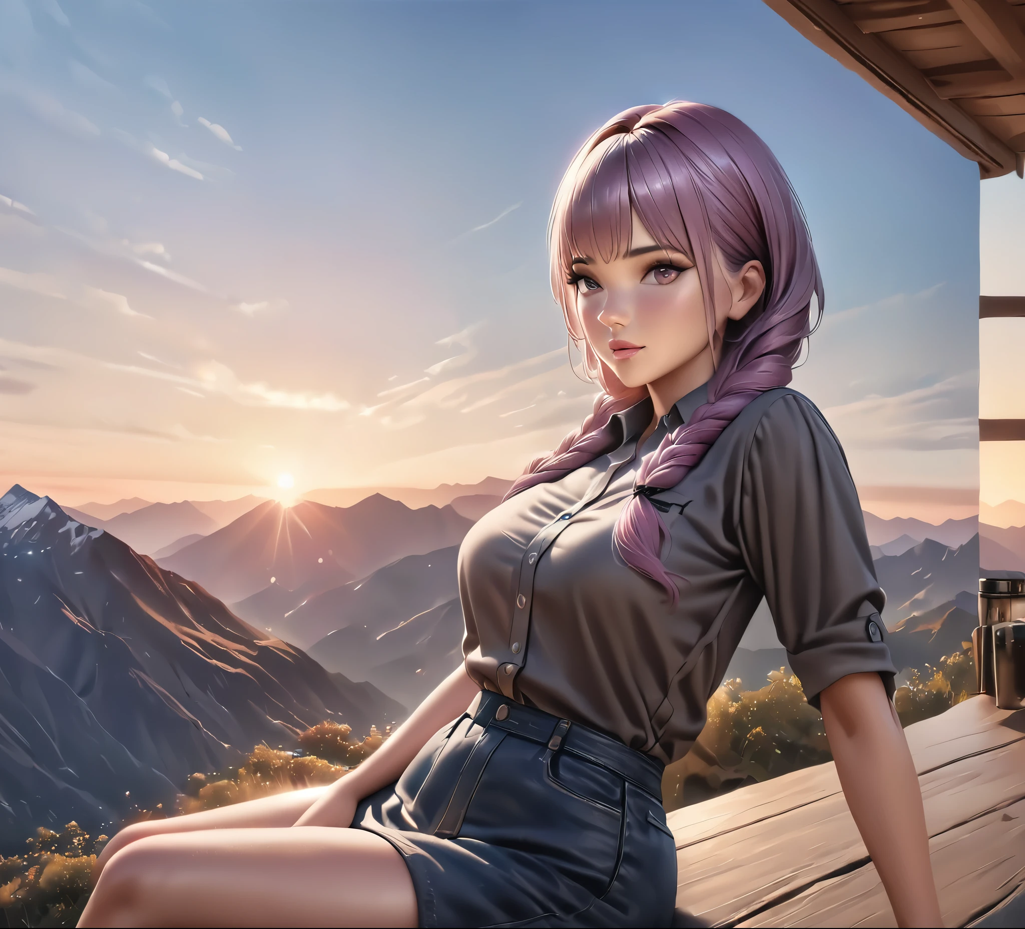 (best quality,4k,8k,highres,masterpiece:1.2),ultra-detailed,(realistic,photorealistic,photo-realistic:1.37),1boy and (a girl with purple and white gradient double braids) sitting side by side on mountaintop at sunset,sky background,romantic atmosphere,warmth,natural lighting,scenic view
