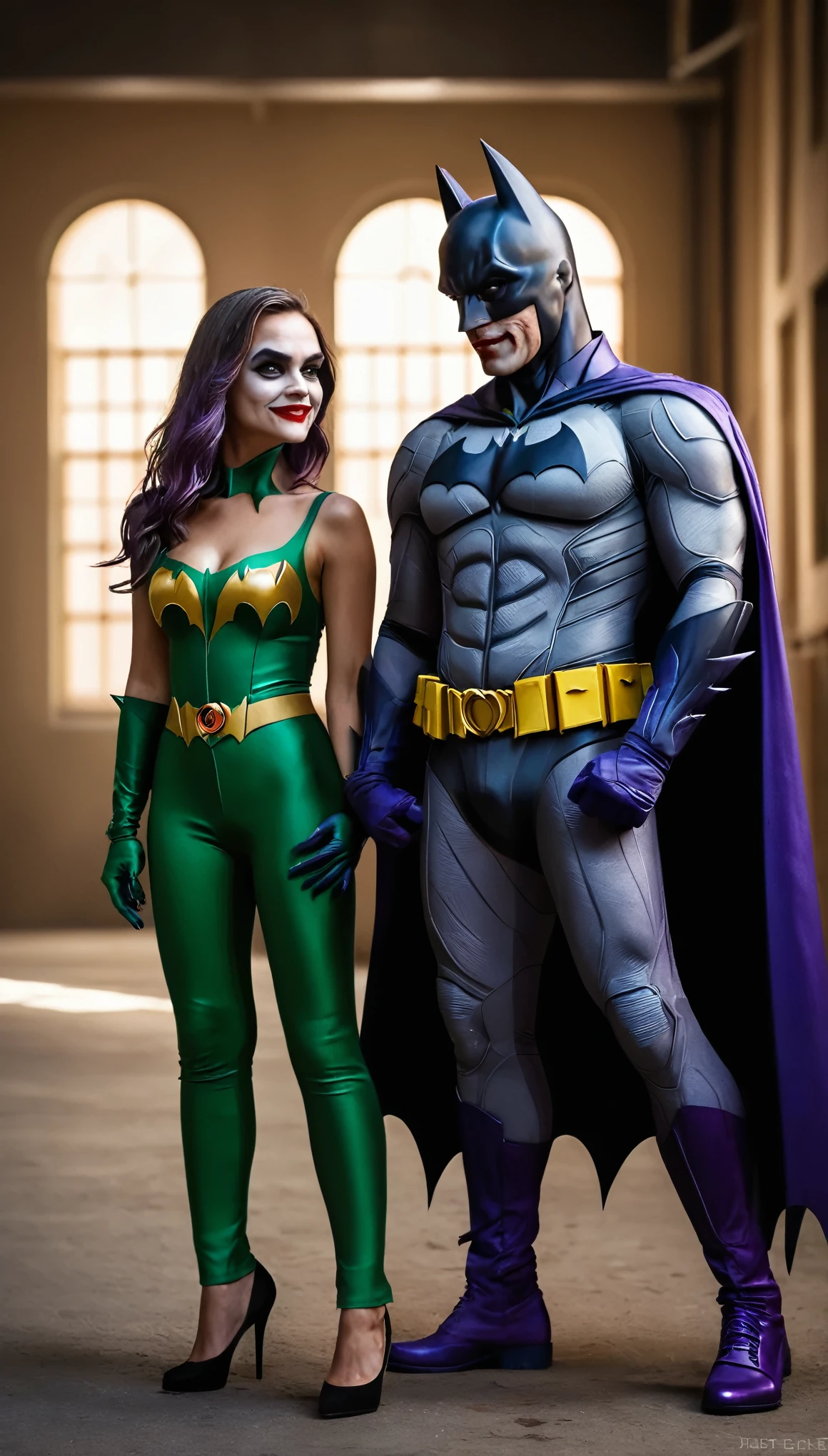 Couple Photo, fullbody, full body,A group photo of Batman and Joker, capturing high-definition details, realistic color expression, delicate transitions of light and shadow effects, sharp and clear focus areas, natural and realistic environmental lighting, prominent texture of different materials, and distinct depth of field effects, ultimately presenting a realistic photo style painting, (masterpiece, best quality:1.2),8K, extremly detailed