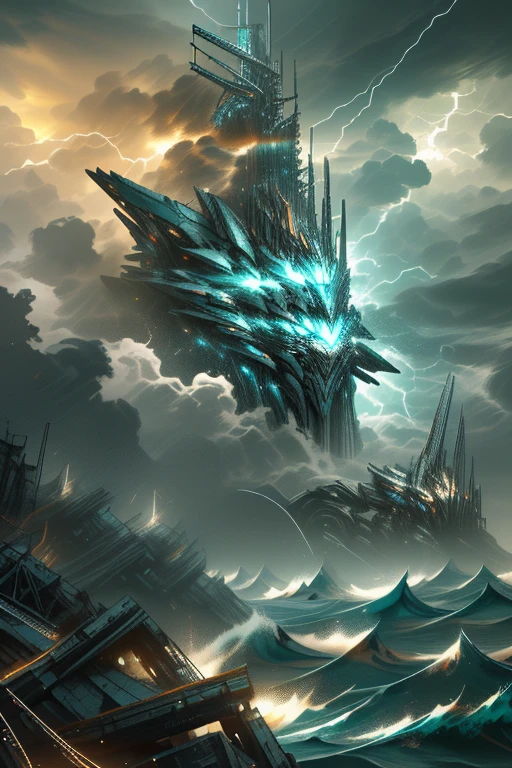 a giant mecha in a stormy ocean, highly detailed, photorealistic, cinematic, dramatic lighting, epic scale, intricate mechanical design, seamlessly integrated with the environment, gritty and weathered appearance, powerful and imposing presence, shimmering water, dramatic cloud formations, lightning strikes, moody and atmospheric