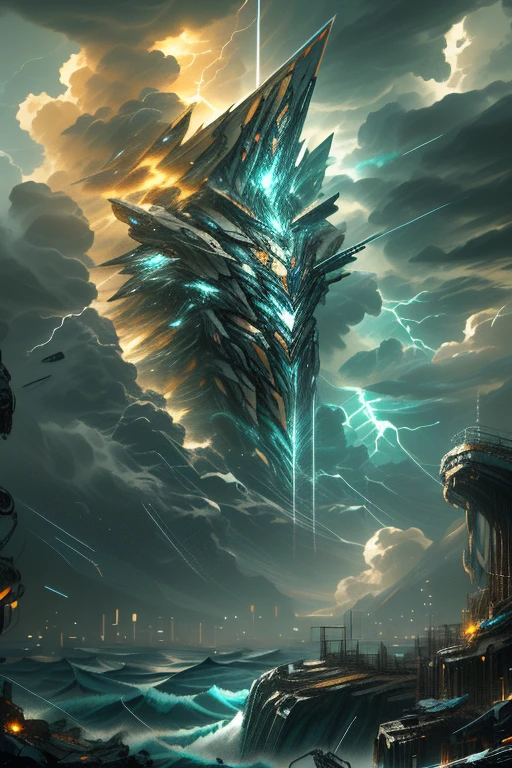 a giant mecha in a stormy ocean, highly detailed, photorealistic, cinematic, dramatic lighting, epic scale, intricate mechanical design, seamlessly integrated with the environment, gritty and weathered appearance, powerful and imposing presence, shimmering water, dramatic cloud formations, lightning strikes, moody and atmospheric