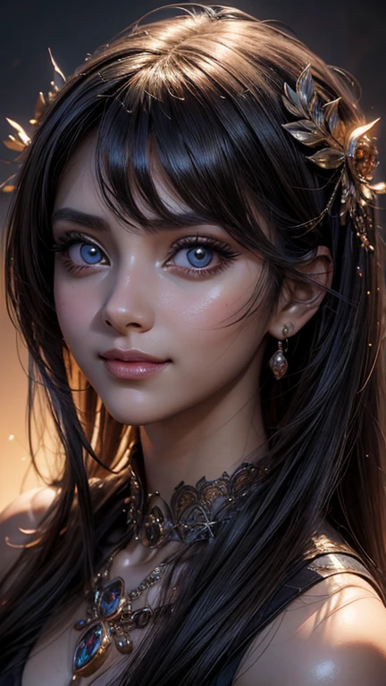 hermosa chica,anime estilo 3d,cara de diosa,ojos grandes,cara extra detallada,con hermosos ojos simétricos detallados,La sonrisa más hermosa del mundo,noble,delicado,alto detalle,alta definición,120k,¡vaya!,Johan Gnenier,pintura digital,iluminación cinematográfica,chiaroscuro