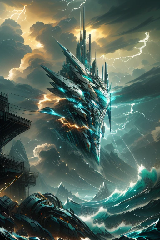 a giant mecha in a stormy ocean, highly detailed, photorealistic, cinematic, dramatic lighting, epic scale, intricate mechanical design, seamlessly integrated with the environment, gritty and weathered appearance, powerful and imposing presence, shimmering water, dramatic cloud formations, lightning strikes, moody and atmospheric