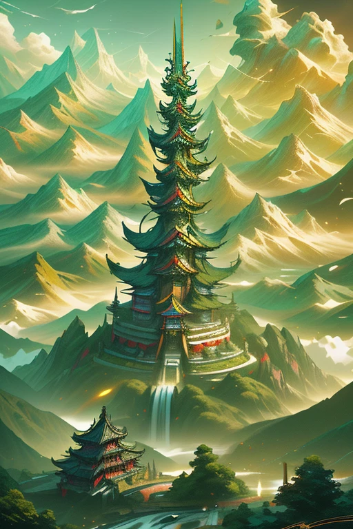 2. Mountain View，There are waterfalls and pagodas in the middle, Scenes painted by Han Gan, CG Society Competition Winner, Fantasy Art, Dreamy Chinatown, Chinese scenery, Chinese Fantasy, Made of trees and fantasy valley, ancient city landscape, Impressive fantasy scenery, The most magnificent scenery, Pagoda on the mountain, mountain jungle environment, Avatar Landscape, Chinese Village.