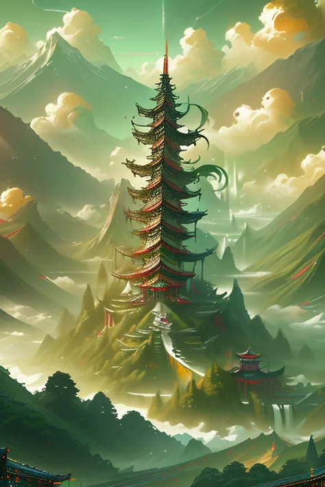 2. mountain view，there are waterfalls and pagodas in the middle, scenes painted by han gan, cg society competition winner, fanta...