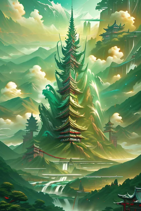 2. mountain view，there are waterfalls and pagodas in the middle, scenes painted by han gan, cg society competition winner, fanta...