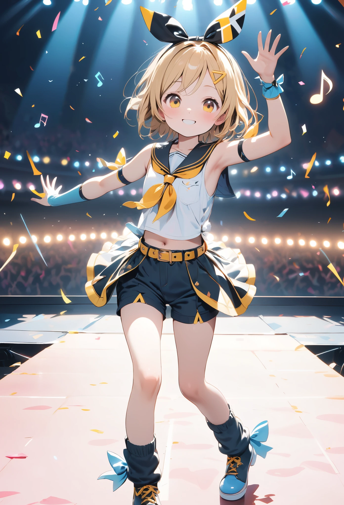 Kagamine Rin\(Vocaloïde\),seulement,1femelle\(Mignon,kawaii,l&#39;âge de 10 ans,Kagamine Rin\(Vocaloïde\),Cheveux jaune clair, Cheveux courts,tatouage rouge de chiffres"02" sur l&#39;épaule,(gros noeud blanc),Chemise blanche sans manches,manches cloche à bras noirs détachés,(les manches des bras sont des manches cloche noires:1.2),ceinture,Col marin,cravate large jaune,casque blanc,Shorts noirs,jambières noires aux genoux,yellow key strap at ceinture,épaule ouverte,chanter et dancer,(very Mignon pose:1.5),(pose d&#39;idole coréenne:1.5),pose dynamique,(Mignon big smile),(tout le corps),détourner le regard\), casser ,arrière-plan\((scène en direct),confettis colorés,spots de couleurs pastel,(de nombreuses notes de musique colorées),(de nombreux spectateurs agitent des bâtons lumineux jaunes devant les sièges du public),\), casser ,qualité\(8k,fond d&#39;écran d&#39;une unité CG extrêmement détaillée, chef d&#39;oeuvre,haute résolution,top-qualité,top-qualité real texture skin,hyper réaliste,Augmenter la résolution,Photos brutes,meilleure qualité,très détaillé,le fond d&#39;écran,Éclairage cinématographique,Trace de rayons,Nombre d&#39;or\),RIN is so so Mignon,Angle dynamique,Tir lointain,plan large,(vue aérienne:0.3)