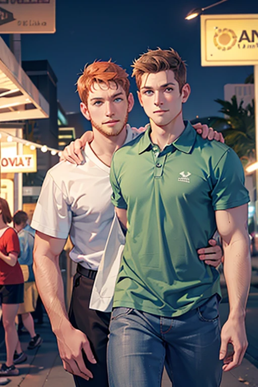 Photo-realistic. A tall, muscular, handsome, 24-year-old jock, with orange hair, stubble, and green eyes, wearing a teal, graphic T-shirt, and jeans, arm around a fit, handsome, 30-year-old, man with short, shaved, brown hair, stubble, and blue eyes, wearing a short sleeve, pale yellow polo shirt, and gray slacks, walking close to each other, leaning into each other, smiling slightly, at a carnival, at night.