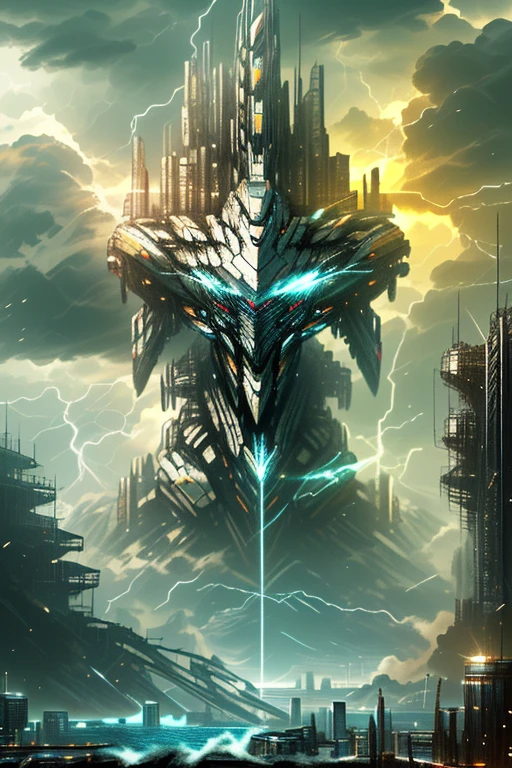 Giant mecha in the stormy sea，Highly detailed，lifelike，Movie，Dramatic lighting，epic scale，，and，Tough and weathered look，A powerful and majestic presence，shimmering water，dramatic clouds，lightning、moody、Atmosphere protects a city from alien attacks