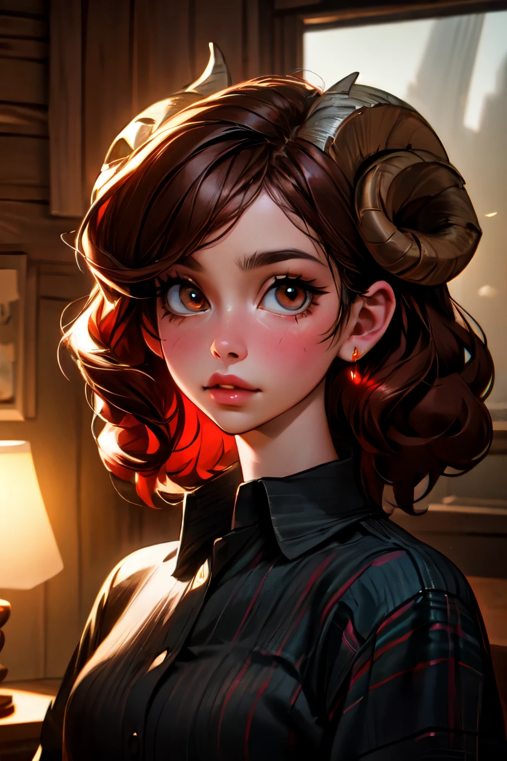 a young girl with sheep horns, beautiful detailed eyes, long eyelashes, beautiful detailed lips, extremely detailed face, brown curly hair, wearing a red striped button shirt, red eyes, looking at the viewer, in an old rustic house, best quality, 4k, 8k, highres, masterpiece, ultra-detailed, realistic, photorealistic, photo-realistic, HDR, UHD, studio lighting, ultra-fine painting, sharp focus, physically-based rendering, extreme detail description, professional, vivid colors, bokeh