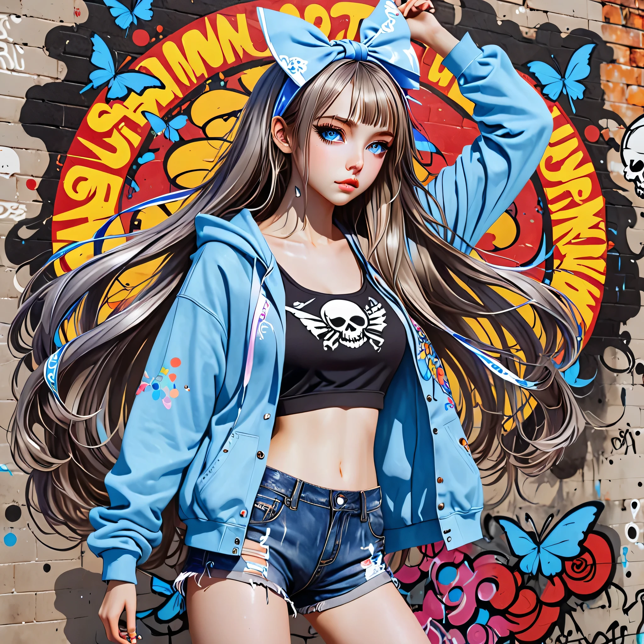 Style: Unparalleled high-precision transparent watercolor, masterpiece, super detailed, cute, Japanese animation character design,



She has light blue eyes and long hair that flutters in the wind.
Beautiful girl wears ribbons in her hair, skull hoodie, short jeans, and boots,
Graffiti on the wall
Scene is colorful and dark 
General view