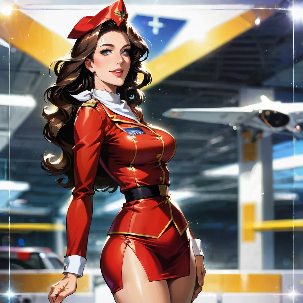 1girl, cowboy shot, beautiful slender brunette flight attendant, side view, (air hostess:1.2), (split skirt:1.2), panthyhose, thighs, (neck handkerchief:1.2) , full lips, big clear eyes, makeup, beautiful hair, half smile, broad shoulders, small waist, wide hips, thigh gap, (intricate, highly detailed, 8K, masterpiece), soft tones, inside plane, blurry background, depth of field, bokeh