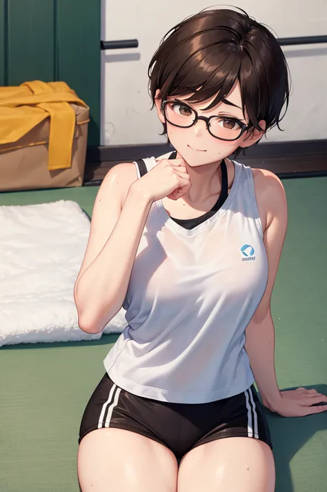 white sportswear, ,1woman, very short hair, brown hair, {{thick eyebrows}}, black-rimmed glasses, sweaty, brown eyes, fitness gy...