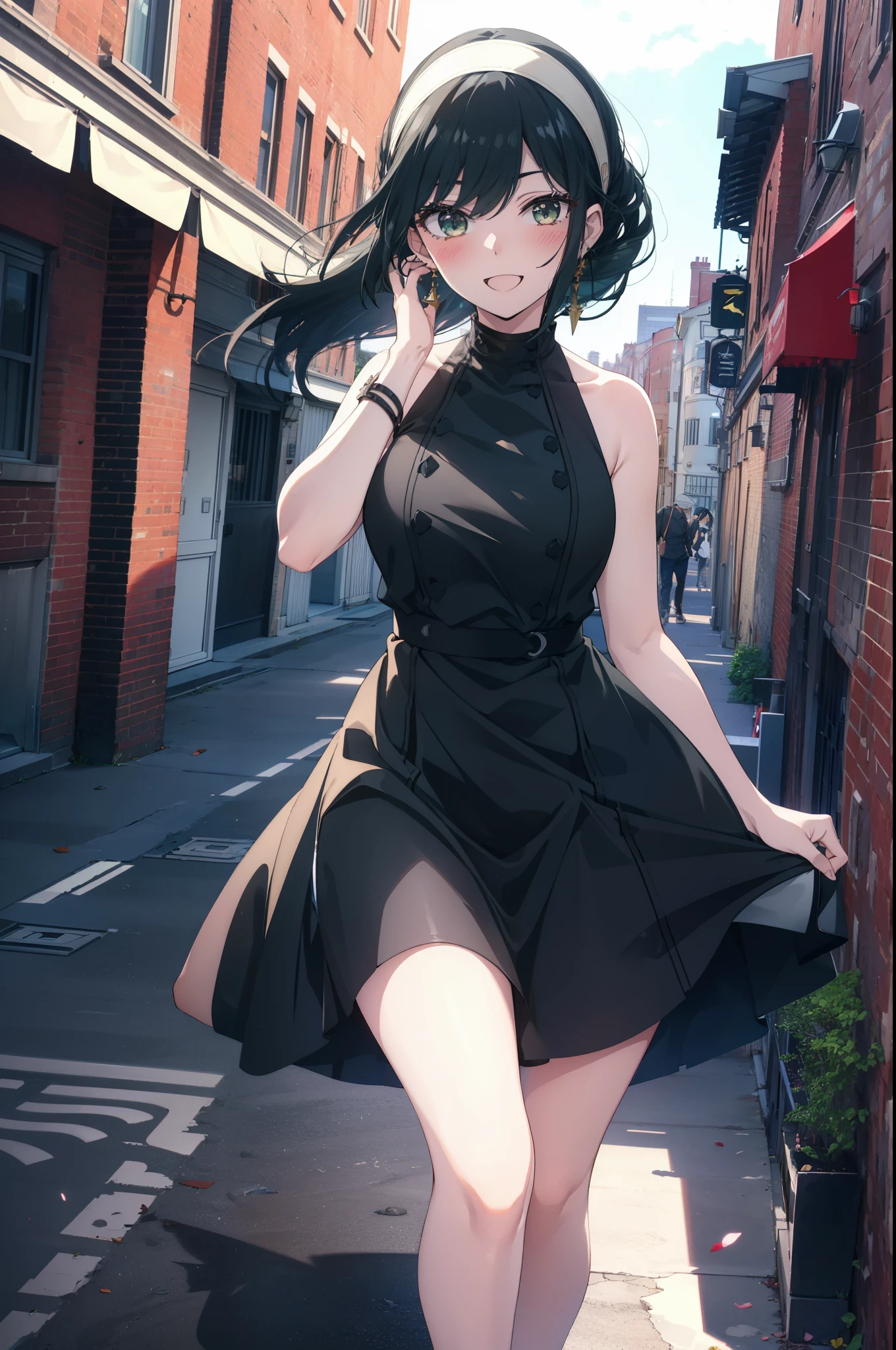 Your thorns, One girl, blush, Black Hair, hair band, jewelry, Earrings, happy smile, smile, Open your mouth, Black sleeveless dress,Bare arms,Long skirt,Cute Sandals,whole bodyがイラストに入るように,Daytime,sunny,
break looking at viewer,whole body,
break outdoors, city,construction area,bridge、
break (masterpiece:1.2), highest quality, High resolution, unity 8k wallpaper, (shape:0.8), (Beautiful details:1.6), Highly detailed face, Perfect lighting, Extremely detailed CG, (Perfect hands, Perfect Anatomy),