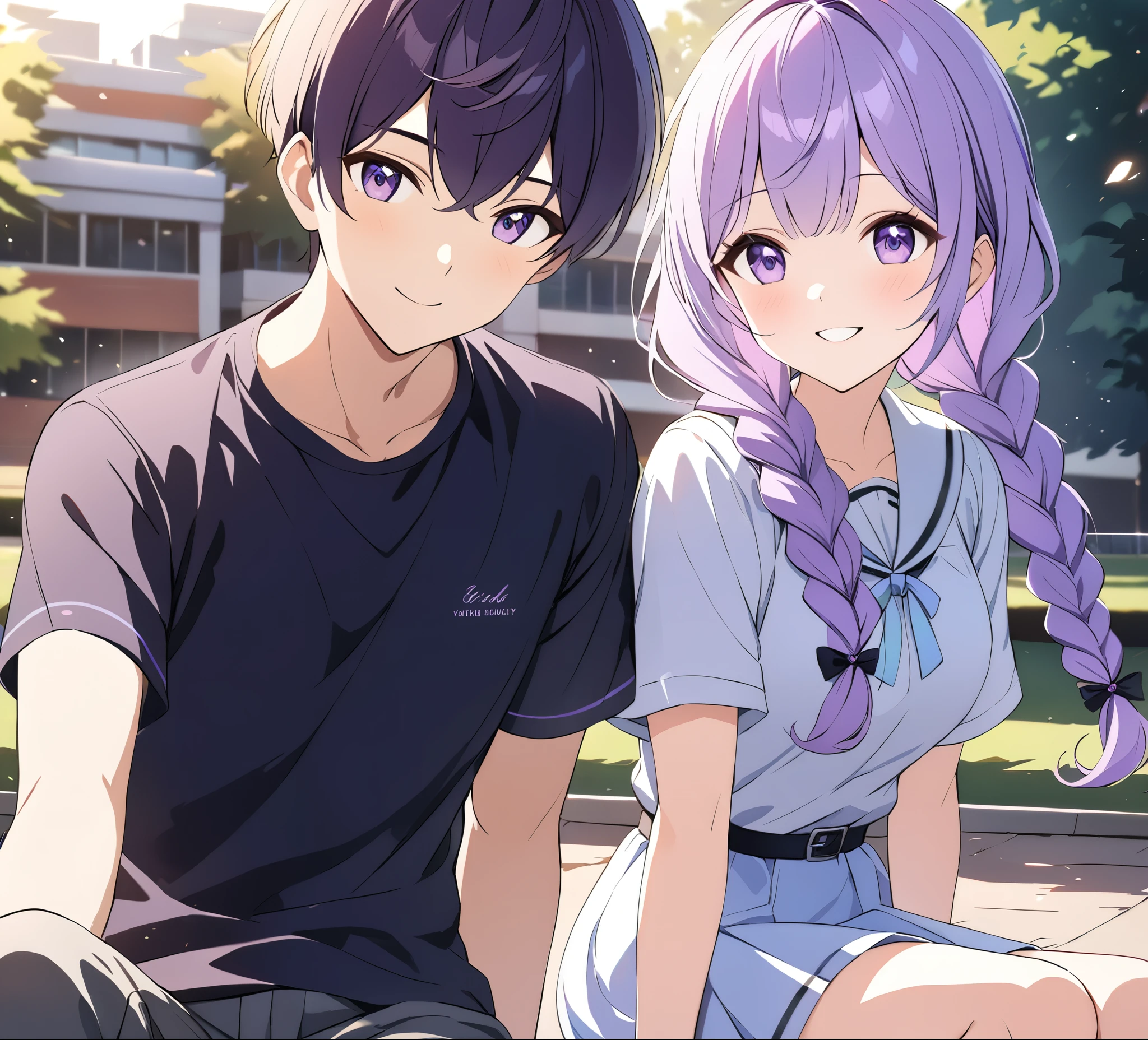 a boy and (a girl with purple and white gradient double braids) sitting side by side, youthful, campus background, sunlight streaming down, fresh and natural, sweet smiles, beautifully detailed, rich in details, high quality depiction, ultra-detailed, vivid colors, portraits, scenic lighting