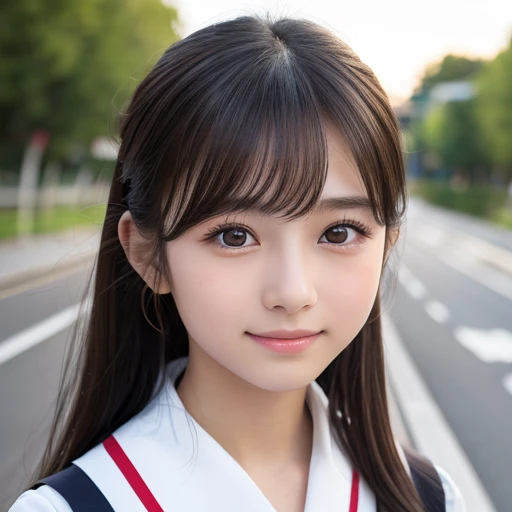 ((Cute 15 year old Japanese))、on the road、Highly detailed face、Pay attention to the details、double eyelid、Beautiful thin nose、Sharp focus:1.2、Beautiful woman:1.4、Cute Hairstyles、Pure white skin、highest quality、masterpiece、Ultra-high resolution、(Realistic:1.4)、Highly detailed and professional lighting、nice smile、Japanese school girl uniform