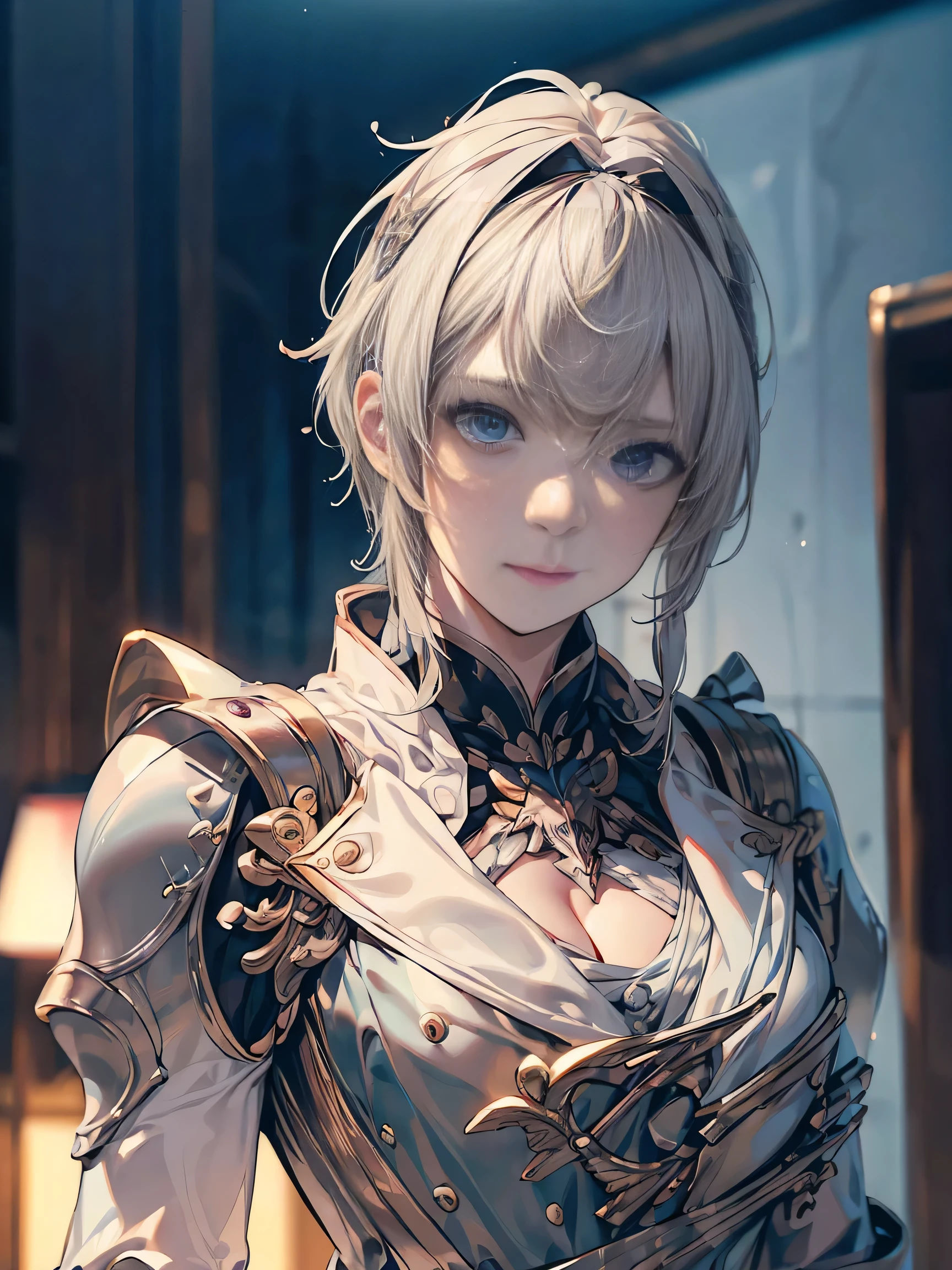 (( (masterpiece)，（Very detailed CG Unity 8k wallpaper），(Bust Shot:1.5), highest quality，Cinema Lighting，Photorealistic, Detailed Background，Beautiful and beautiful eyes，Bright Eyes，（Very elegant and beautiful），（Beautifully detailed eye depiction），Very detailed，masterpiece，High resolution)), Richly decorated armor, Beautiful Female Warrior, short hair, Platinum Blonde Hair, Cleavage