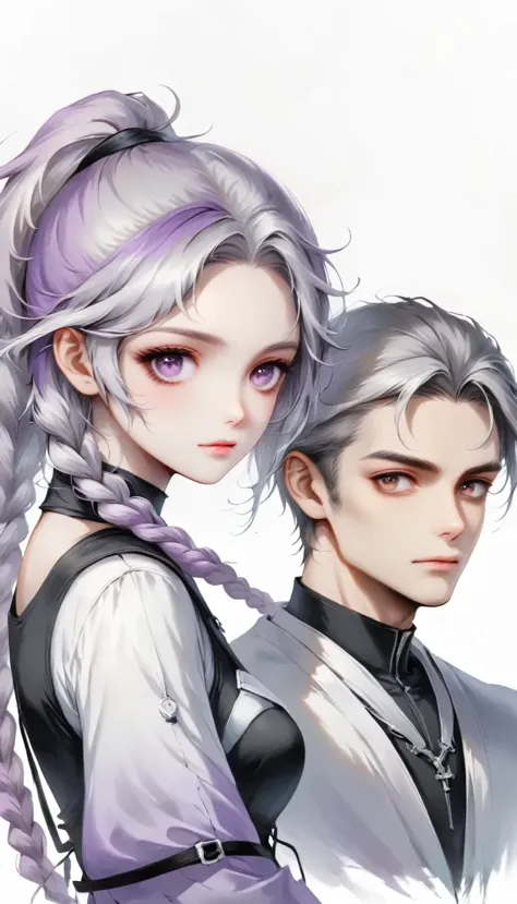 Two people，A man and a girl with long braids，purple and white，Simplicity