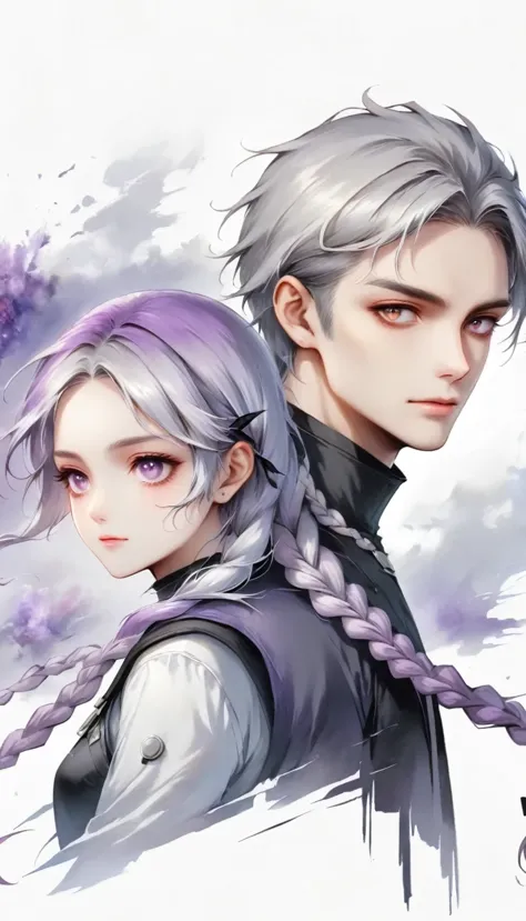 Two people，A man and a girl with long braids，purple and white，Simplicity