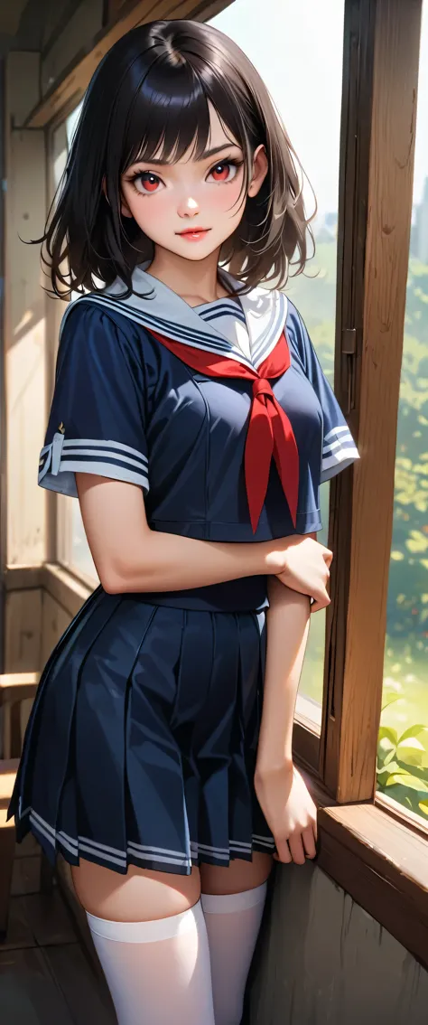 highest quality、High resolution、Detailed Background、Beautiful face in every detail、Teenage beauty、Detailed red eyes、Realistic、Perfect body line、Black Hair、Black Hairロングヘア、well-groomed eyebrows、Cute Lip Makeup、Calm atmosphere、A short-sleeved shiny dark sailor suit、White sailor collar、Navy blue pleated skirt、Red ribbon、White Stockings、Standing by the window in the classroom、Looking at me with a happy expression、Cute gestures、very beautiful