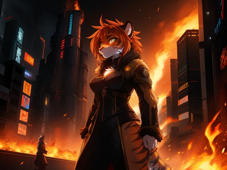 tiger, anthro, female, fur coat, (best quality), (detailed fire urban background:1.2), dramatic lighting, (detailed fluffy fur:1.1), (fantasy:1.2) cyberpunk style