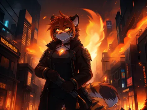 tiger, anthro, female, fur coat, (best quality), (detailed fire urban background:1.2), dramatic lighting, (detailed fluffy fur:1...