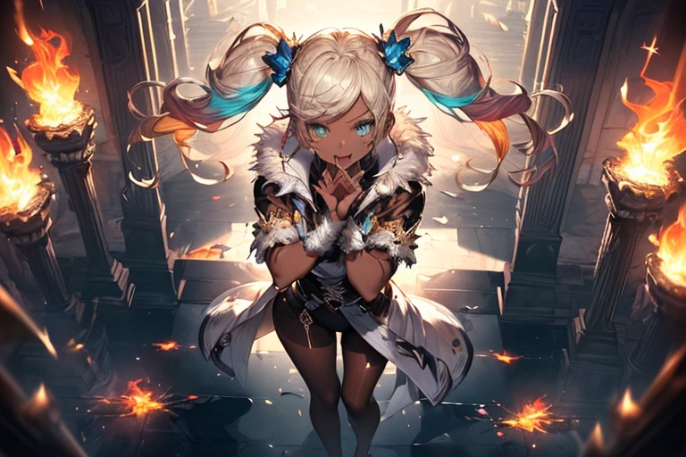 position de combat,haute résolution,netteté,(Super détaillé,très détaillé),(très détaillé CG unity 8k wallpaper),(((couleurs vives))),
Gran Blue Fantasy,À Ioïkla,Cheveux blond platine,Queues jumelles, ornements de cheveux, 
yeux complexes,Beaux détails fins,yeux symétriques,gros yeux:1.5,Des yeux séduisants, (((sombre peau,sombre_peau,lustrous peau:1.5,bright peau: 1.5,
peau tanned, shiny peau,very shiny peau,Corps brillant,plastic glitter 
peau,exaggerated shiny peau,illuminated peau))),
(,corps détaillé,(Visage détaillé)), Mignon,Lascivé,érotique,audacieux,Orteil de chameau,
vêtements révélateurs,show peau,
(((Manteau de fourrure turquoise sexy, tenue de manteau de fourrure aqua,
 wearing a robe de glace:1.3,manteau d&#39;hiver aqua))), ((robe de glace,elegant robe de glace)),
(Gants blancs,Vêtements blancs,(((Tenue complexe,Des vêtements compliqués,Costume brodé,Costumes glamour,vêtements brodés,
(((Vêtements glamour))),Robe blanche, peausuit, Bodys, collants,Chaussettes noires, Manches amovibles,

(débris volants, 超haute résolution),Portez une aura irisée,
Lumière invisible, Brillance incroyable, Lueur orange néon, Les couleurs d&#39;un autre monde,couleurs vives, effets fantomatiques,regard arrogant, Sourire agressif,étincelles,Tient un bâton de marche doré finement décoré,Château de style occidental,intérieur,salle du Trône,Piliers en pierre,Un énorme, trône richement décoré,Regarde sur le côté,Ouvrez la bouche,Les flammes tourbillonnent,Pose élégante,Les jambes écartées, debout, Mise au point du visage, d&#39;en haut