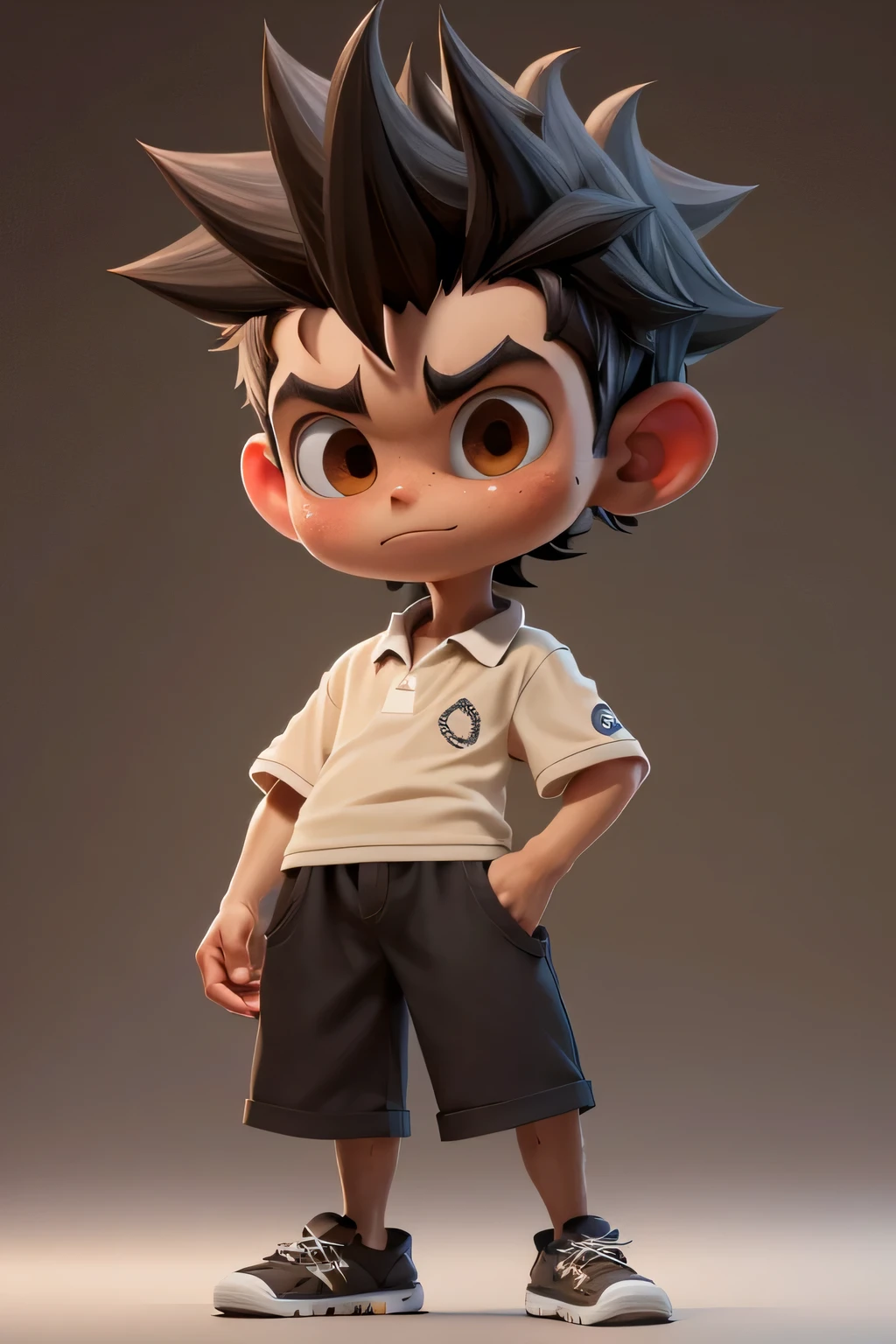 Obra-prima, A melhor qualidade, 8k, Luz Cinematográfica, resolução ultra-alta, Chibi, 1homem, shorts, cabelo preto, cabelo espetado, camisa polo, cAlzAdo, olhos castanhos, (corpo completo:1.2), pecas, De pé,